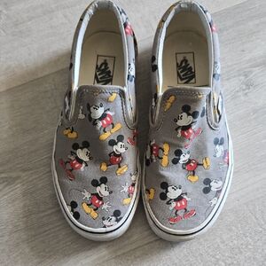 Vans Womens Slip-On Shoes in Gray with Mickey Mouse Print